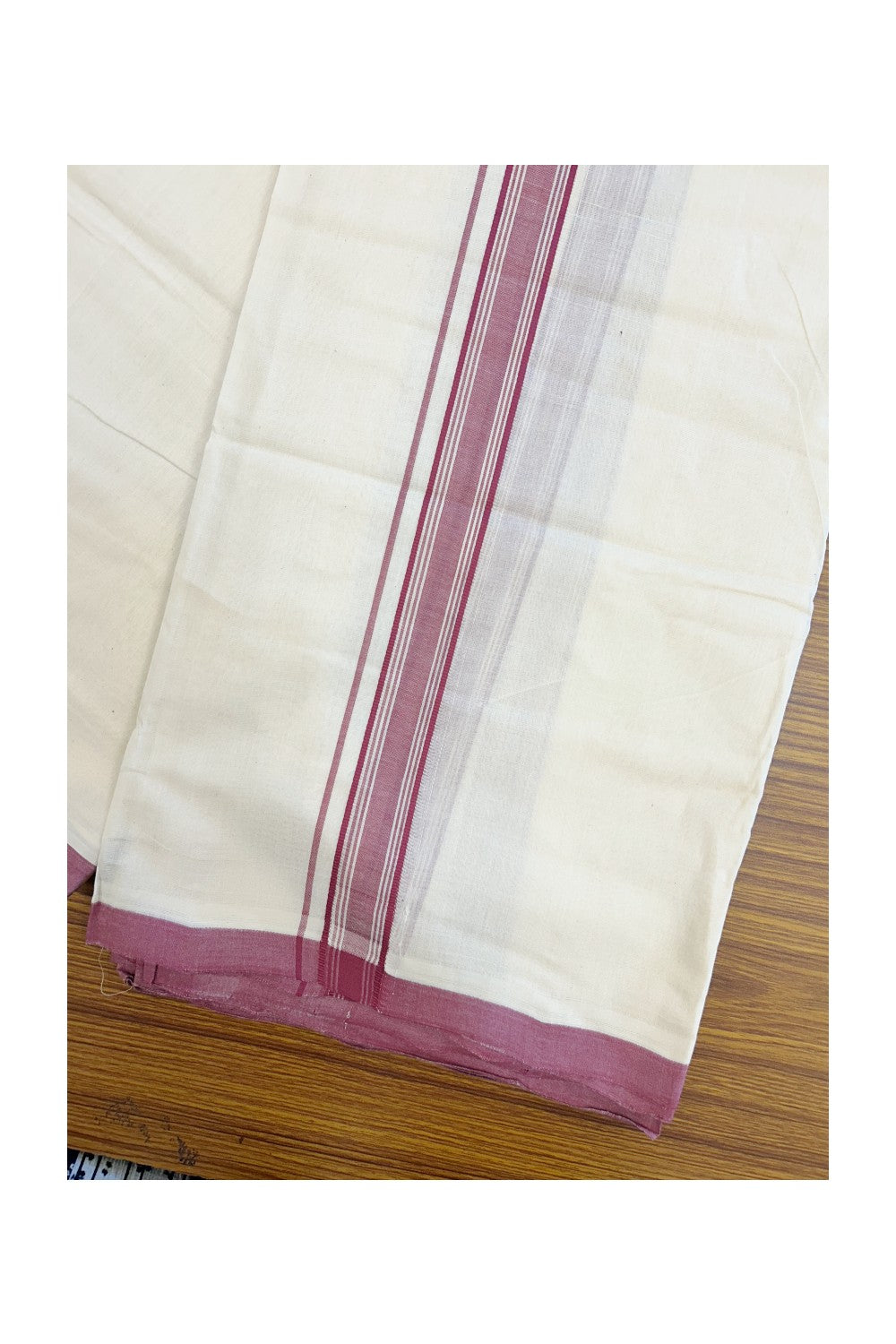 PREMIUM HANDLOOM-20% DISCOUNT! KaithariKada Cotton OFF White - 100x80 thread- NORTH INDIAN ATTACHED GAMCHA - 9X5 & 10X6 muzham Dhoti - 1.5 inch Pink Maroon Border - 6KK5223VEL