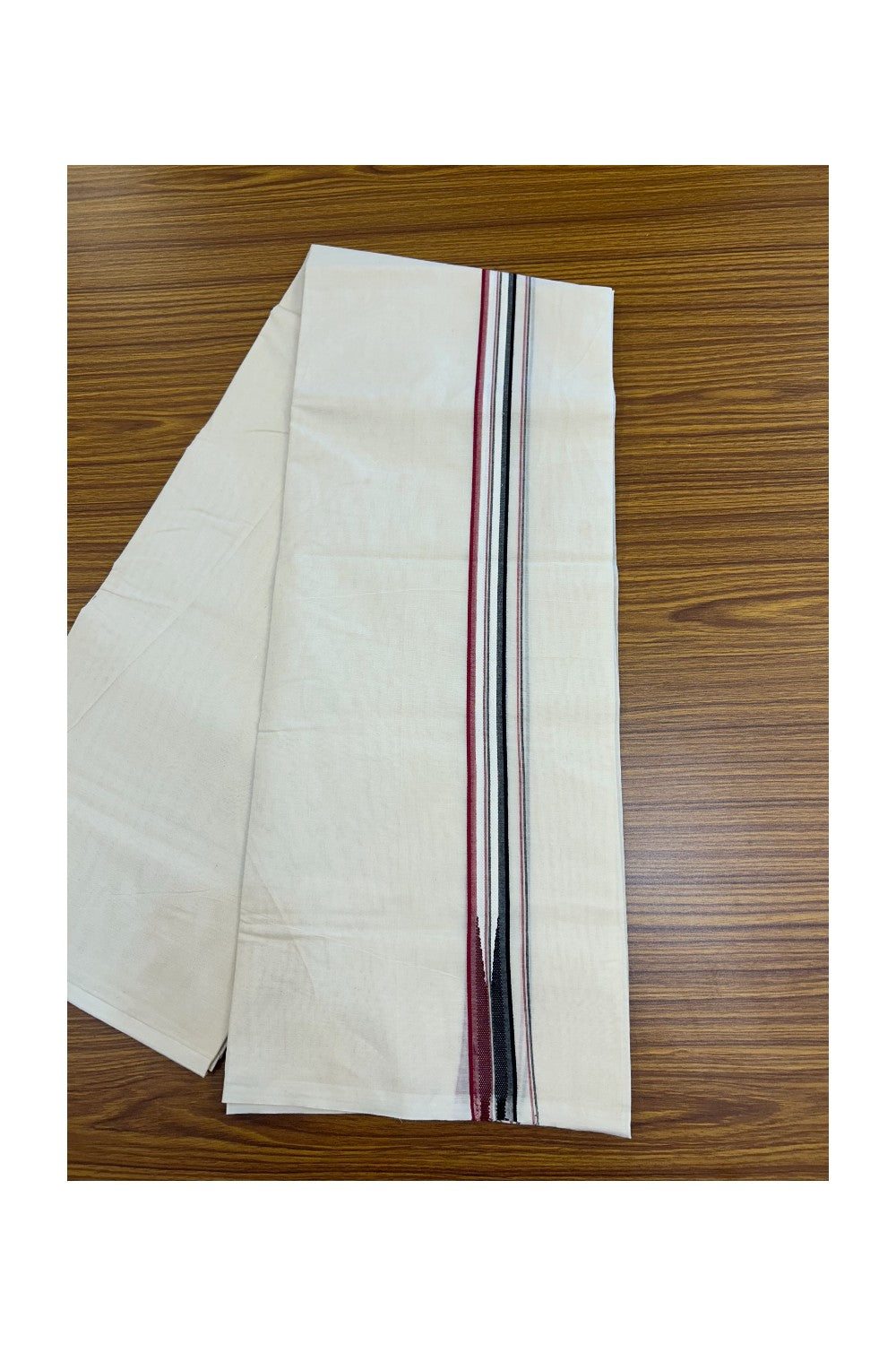 ADMK VESHTI 20% Discount !! KaithariKada Balaramapuram Double Off white - (Unbleached) Mundu/Dhoti - 100X100 - 1 inch Puliyilakkara Maroon & Black Striped Chutty Kara- 6KK5226 ASH