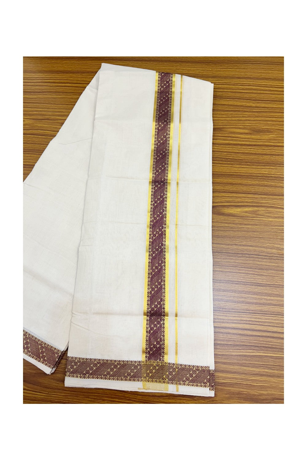 25% DISCOUNT ! KaithariKada HANDLOOM Unakkupaav Balaramapuram - 100% PURE Cotton OFF WHITE - (Unbleached) Double Mundu/Dhoti - 80x90 - 1.75 inch Gold Kasavu & Wine Purple Jacquard Design Kara 4 mtr (8.5 Muzham) - 5KK5231 ABH