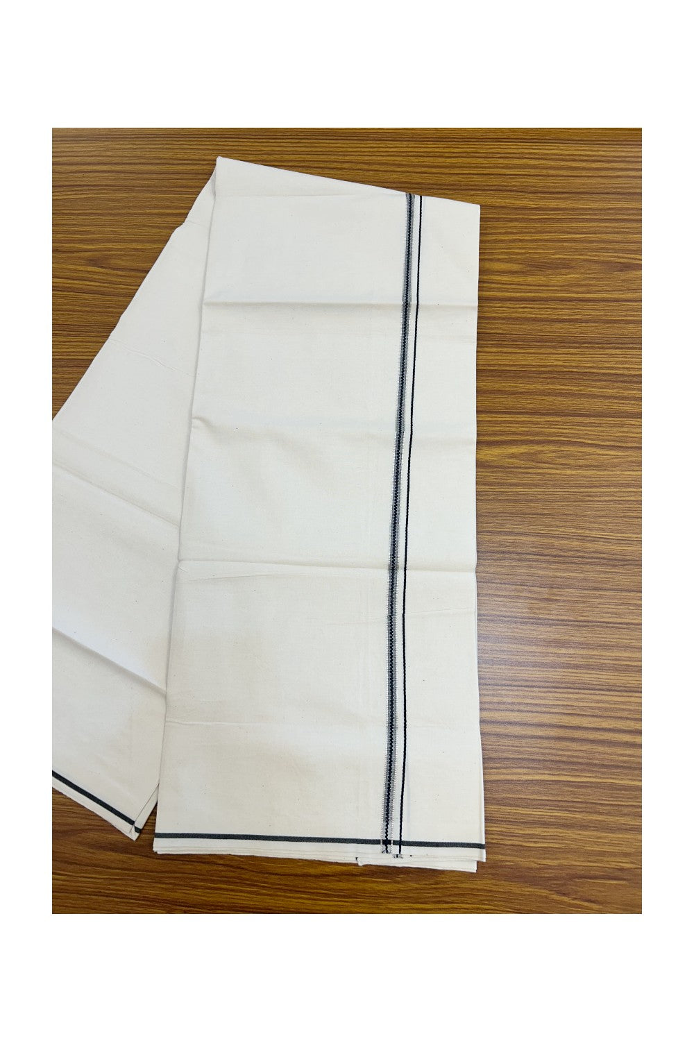 24% Discount !! KaithariKada Balaramapuram 100% Cotton OFF WHITE (Unbleached) Single Mundu/Dhoti - Twisted 60s Thread - 1 cm Silver Kasavu Black Thin Kara (2 meter / 4 muzham) - 4KK5236 GL