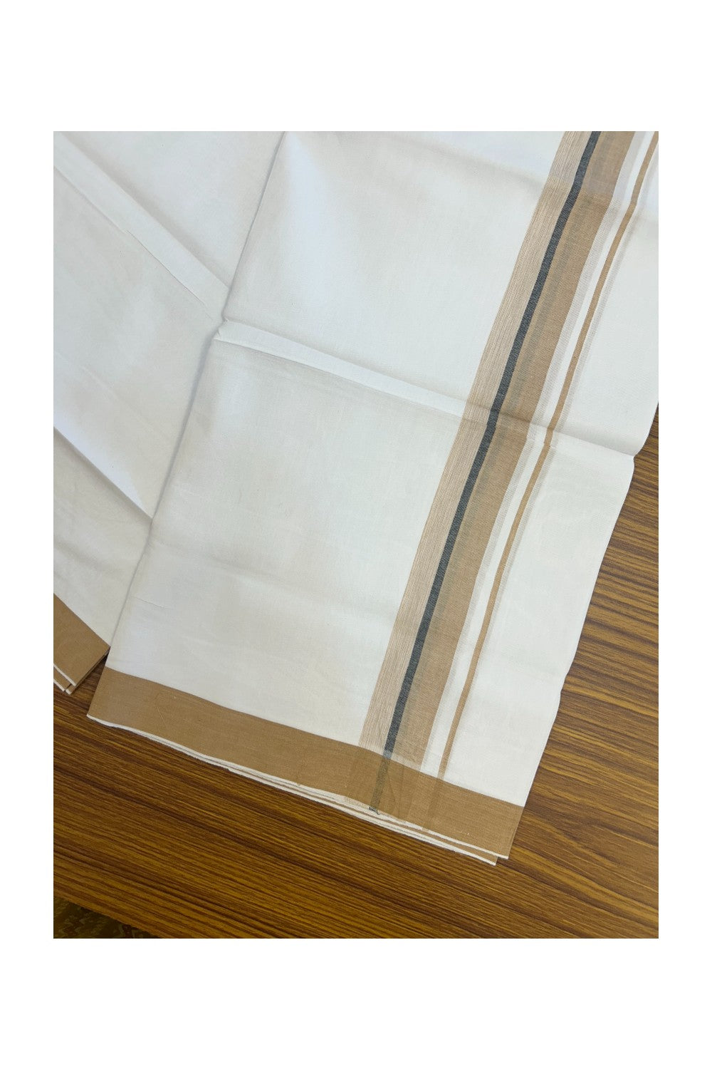 24 % Discount !! KaithariKada Balaramapuram 100% Cotton Pure white Single Mundu/Dhoti - Twisted 60s Thread- 1.25 inch Sand Brown & Black Shaded Kara (2 meter / 4 muzham) - 6KK5241 GL