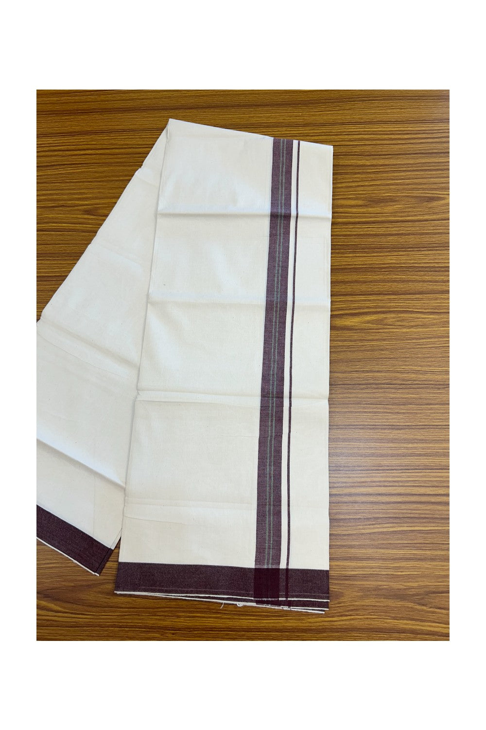 24% Discount !! KaithariKada Balaramapuram 100% Cotton OFF WHITE (Unbleached) Single Mundu/Dhoti - Twisted 60s Thread - 3 cm Maroon black shaded striped Kara (2 meter / 4 muzham) - 36KK5241 GL