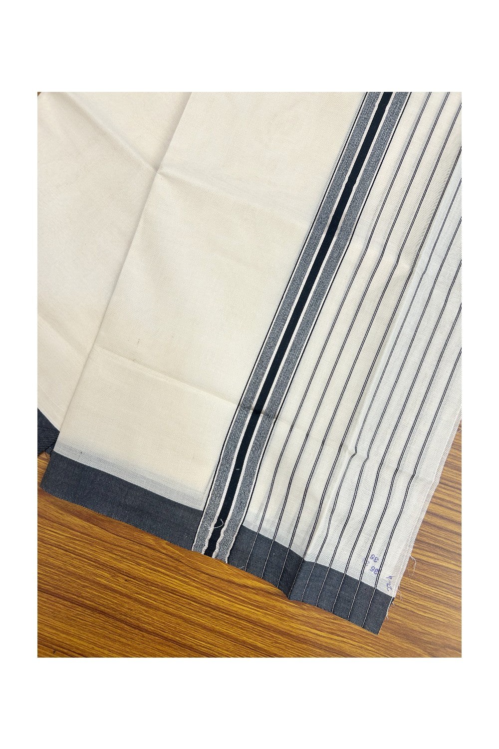 20% Discount !! KaithariKada Balaramapuram Double OFF WHITE (Unbleached) Mundu/Dhoti - 100x80 - 8 inch Black & Silver Striped kara 4 mtr (8.5 muzham) - 6KK5243 PMC
