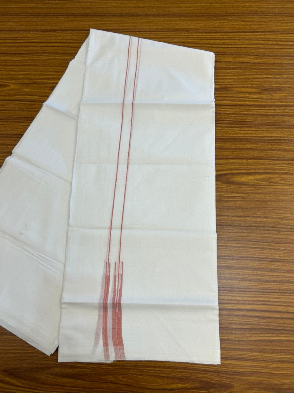 20% DISCOUNT!! NEW!! KaithariKada Balaramapuram 100% Cotton PURE WHITE Double Mundu/Dhoti - (100x80)s - 0.75 inch Brick Red Line chutty - 6 KK5249 VIN