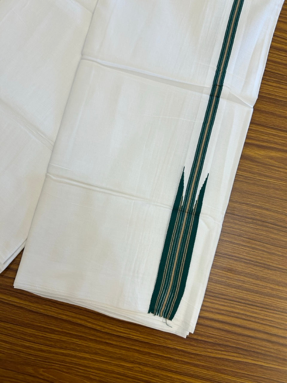 37% Discount ! NEW! KaithariKada Balaramapuram 100% Cotton Pure white Double Mundu/Dhoti - (100x80)s - Heavy Chutty Dark Green Sand Brown Stripes - 6 KK5252 CKS