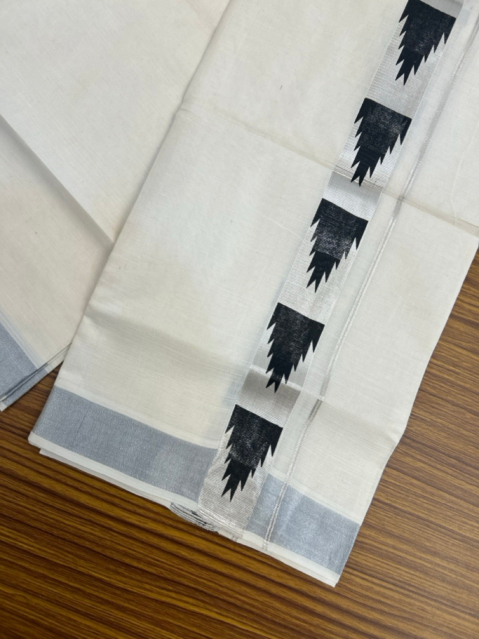 KaithariKada 100% Cotton Double 4 meter Off white - (Ubleached) Mundu / Dhoti - 100x80 1.5 inch Silver Kasavu & Black Temple Printed - 6 KK5262 MUT