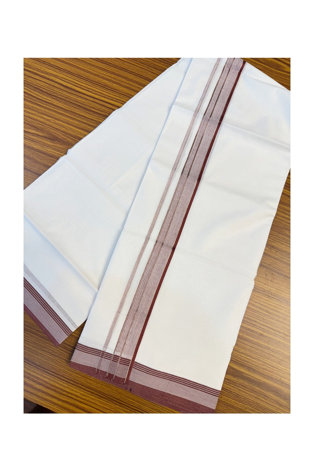 19% Discount!! KaithariKada Balaramapuram 100% Cotton Double Pure white Mund/Dhoti-100x100 2 Inch Silver kasav white stripes & maroon shaded Kara - 6KK83VIN