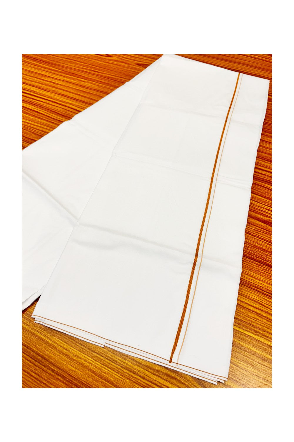 21% OFFER!! KaithariKada WRINKLE FREE Cotton PURE WHITE SINGLE Mundu/Dhoti-40X40 Light Brown 1 cm (2 meter / 4 muzham) Kara- 6uat