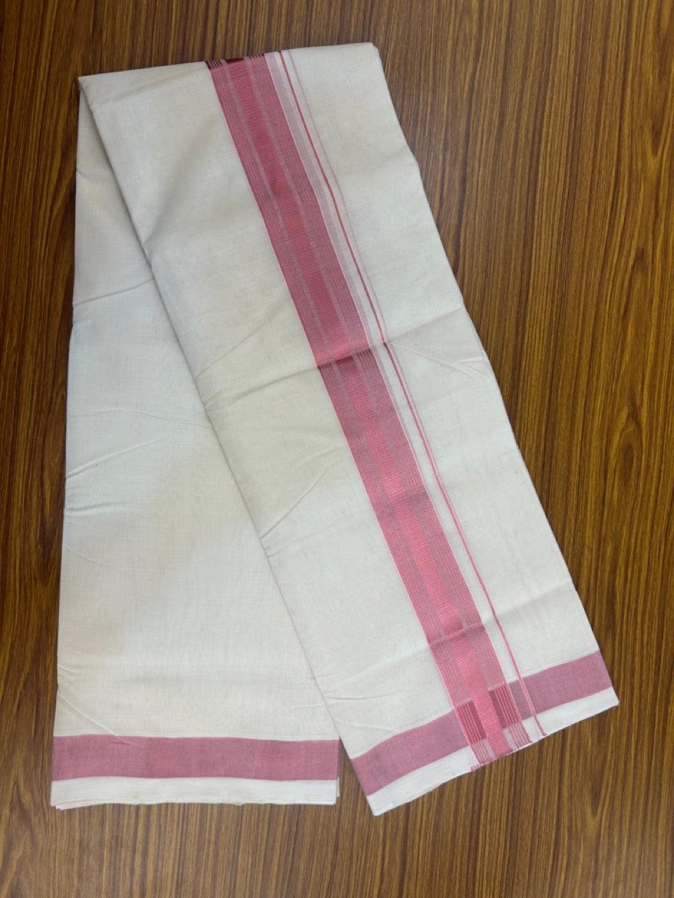 25% Discount ! KaithariKada Handloom Millpaav Balaramapuram - Pure Cotton Off White (Unbleached) Double Mundu/Dothi -80x90 - 2 inch Rose Pink Kasav Striped kara 4 mtr (8.5 muzham) - 95 KK5256 RAM