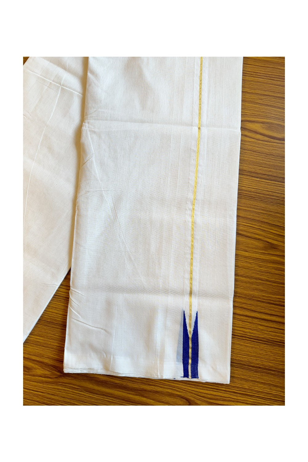30% DISCOUNT!! KaithariKada HANDLOOM Unakkupaavu Balaramapuram - 100% PURE Cotton OFF White (Unbleached) Double Mundu/Dothi - Kasavu Dark blue puliyilakkara chutty- 6KK203RAM