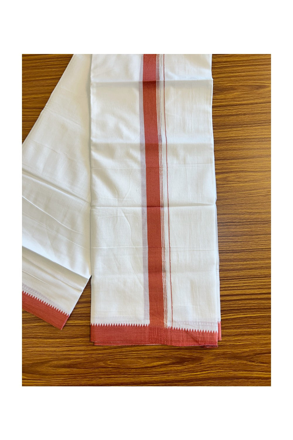 15% Discount!! Kaitharikada Balaramapuram 100% Cotton Ultra White Double Mundu/Dhoti-100x90  1.75 Inch Brick red & Silver striped kara with Kuppadam border - 6KK430VAS
