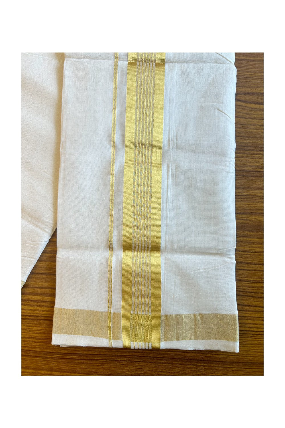25% DISCOUNT!! KaithariKada HANDLOOM UNAKKUPAAV Balaramapuram - 100% PURE Cotton OFF White (Unbleached) Double Mundu/Dothi - 2.75 Inch Kasavu stripes Kara - 6KK456KK