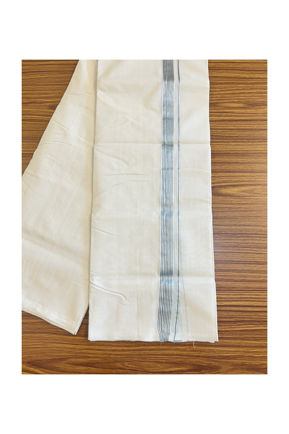 30% DISCOUNT!! KaithariKada HANDLOOM Millpaav Balaramapuram - 100% PURE Cotton OFF White (Unbleached) Double Mundu/Dothi - Dark green & Silver kasavu Striped kara 1.5 inch (8.30 Muzham) - 6KK458SOM