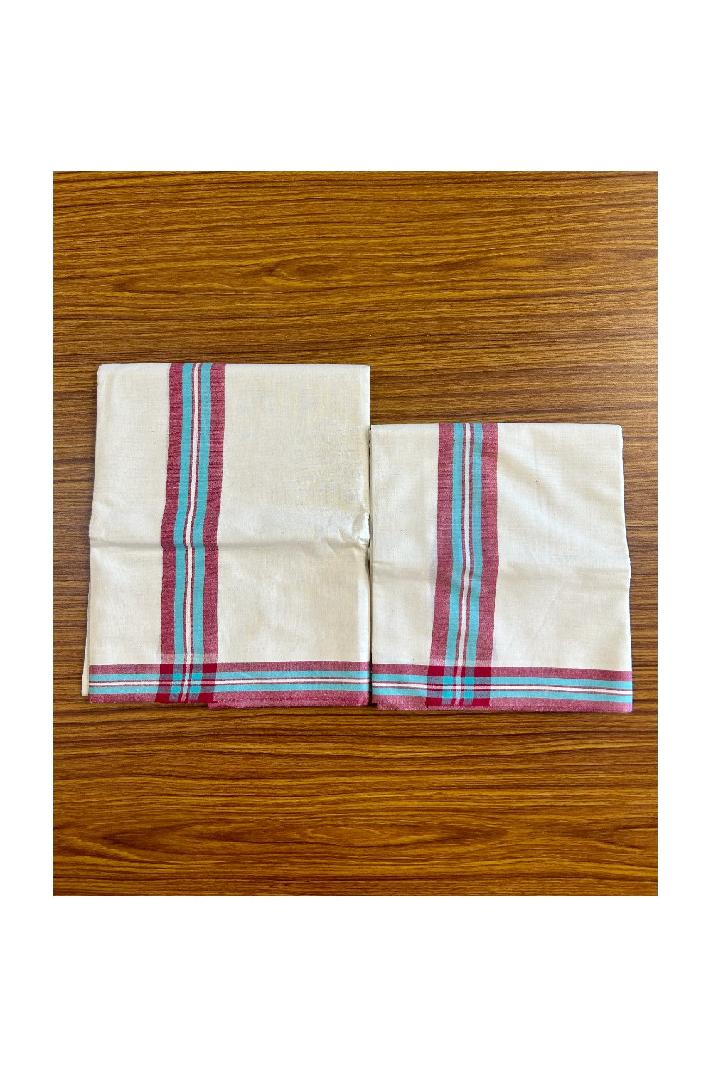 15% Discount!! KaithariKada - Kerala Cotton Single Set Mundu - EXTRA LENGTH -Turquoise & Red Stripes Mulloth Kara- 6KK472CKA