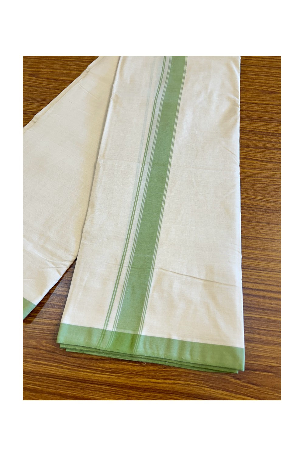120X120 PREMIUM Kaitharikada Exclusive -25% DISCOUNT! BALARAMAPURAM HANDLOOM Unakkupaavu - 100% PURE Cotton Double Mundu/Dhoti OFF WHITE (Unbleached) - 2 inch Light Green Striped Kara - 6KK477KAL