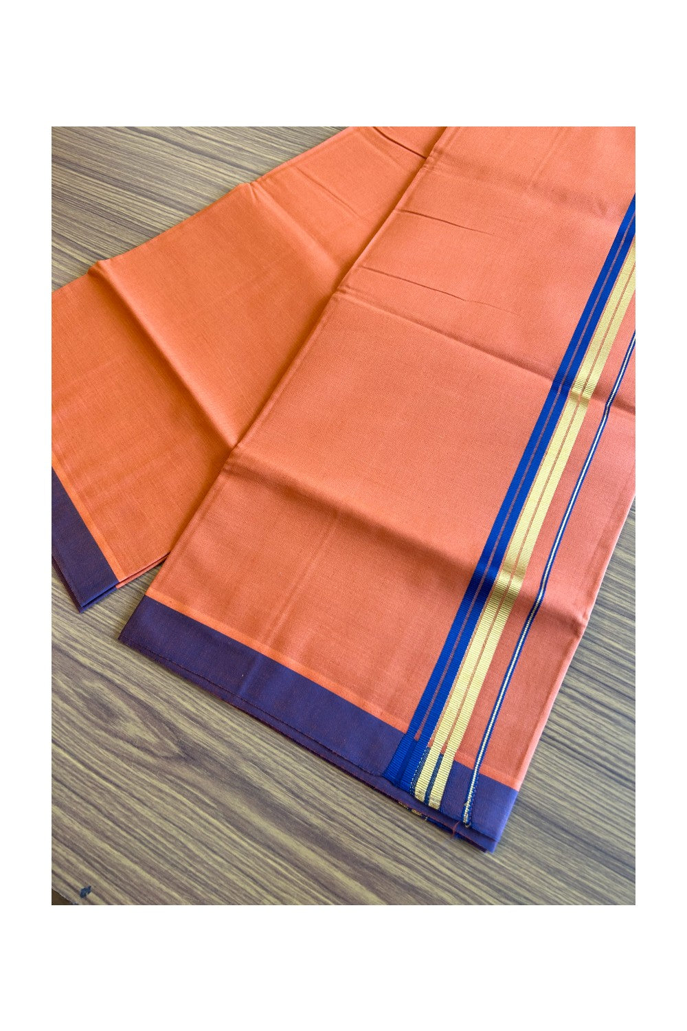 Kaitharikada Soft Cotton - Kaily / Lungi - 1.75 inch Navy blue & kasavu striped kara with KAAVI colour body - 6KK492RAM