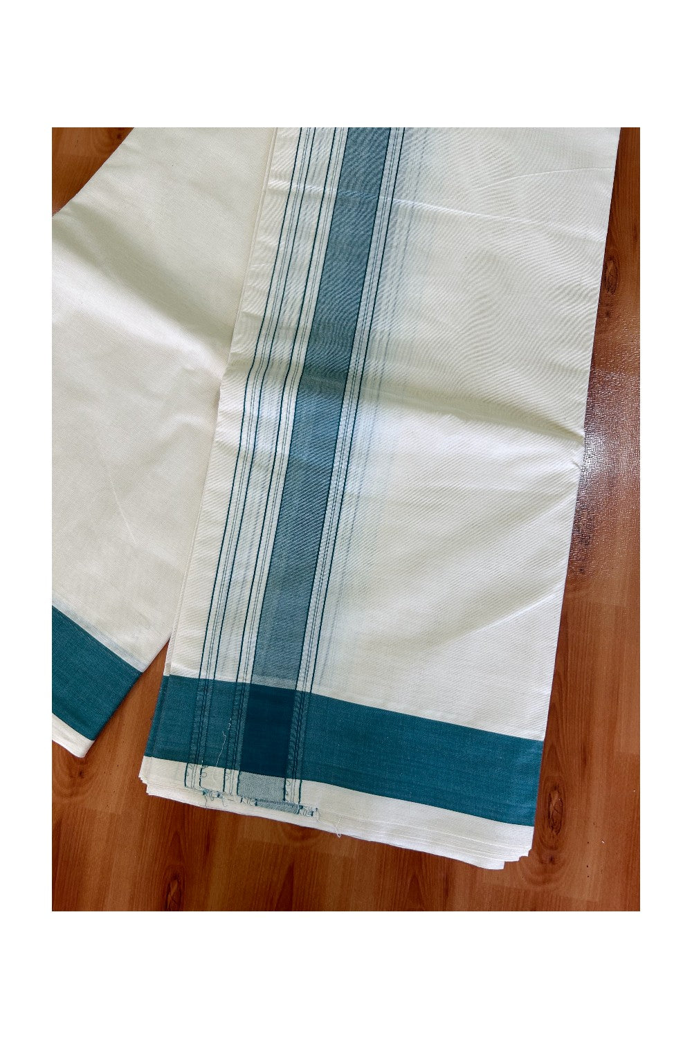 Panchakacham Dhoti -36% Discount KaithariKada 100% Cotton Off White - (Unbleached)- Pure Cotton - 100x 100 thread - North Indian Attached Gamcha 9X5 Dhoti Teal Green Striped 2.65 inch kara - 6KK5004PMC