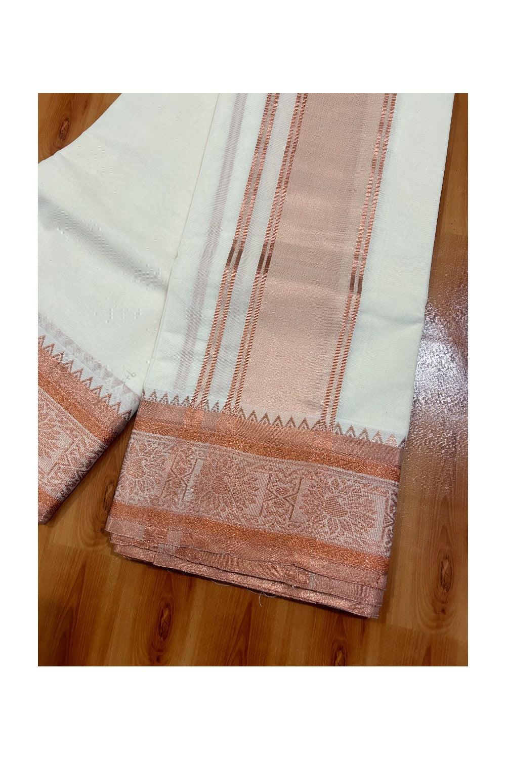 37% DISCOUNT! KaithariKada - Cotton Mix - Off White - (Unbleached) - 80x80 thread- 80% Cotton & 20% Polyester - NORTH INDIAN - ATTACHED GAMCHA 9X5 Dhoti 5 inch Copper kara with Copper Design border - 6KK5005PMC