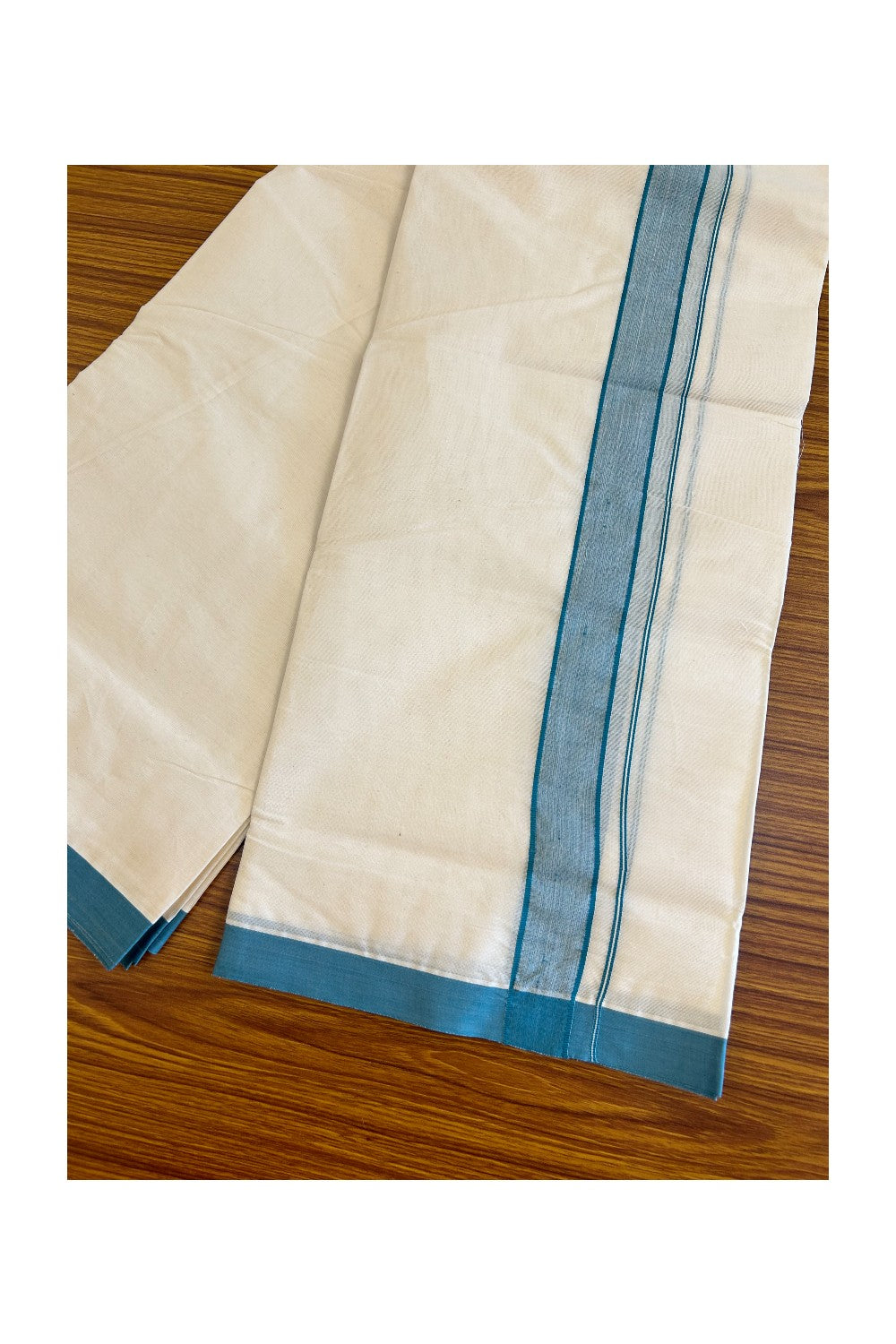 10% Discount KaithariKada Balaramapuram 100% Cotton Double Off white - (Unbleached) Mundu/Dhoti-100x100 1.85 inch Blue Green shaded Kara - 6KK500KK