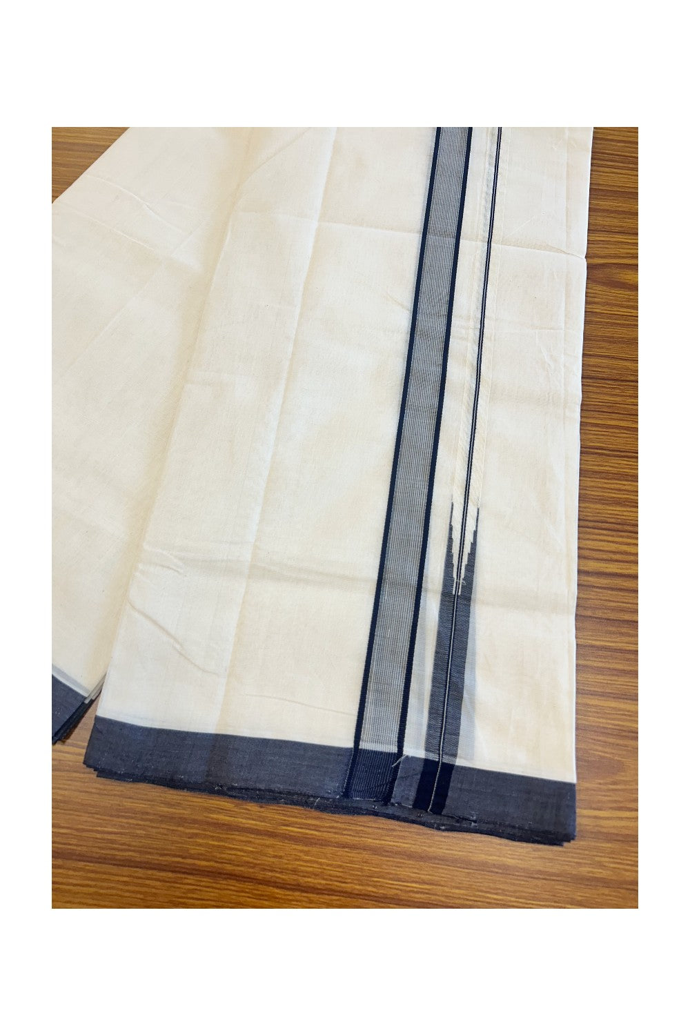 25% DISCOUNT!! KaithariKada HANDLOOM UNAKKUPAAV Balaramapuram - 100% PURE Cotton OFF White Double - (Unbleached) Mundu/Dothi - 1 inch Puliyilakkara Navy Blue Stripes chutty - 6KK5049REA