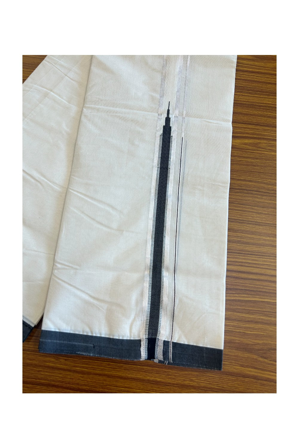 19% Discount !! KaithariKada Balaramapuram 100% Cotton Double Off White - (Unbleached) Mundu/Dhoti-100x100 1.25 inch Heavy Chutty Silver Kasavu & Black kara - 6KK5055ASH