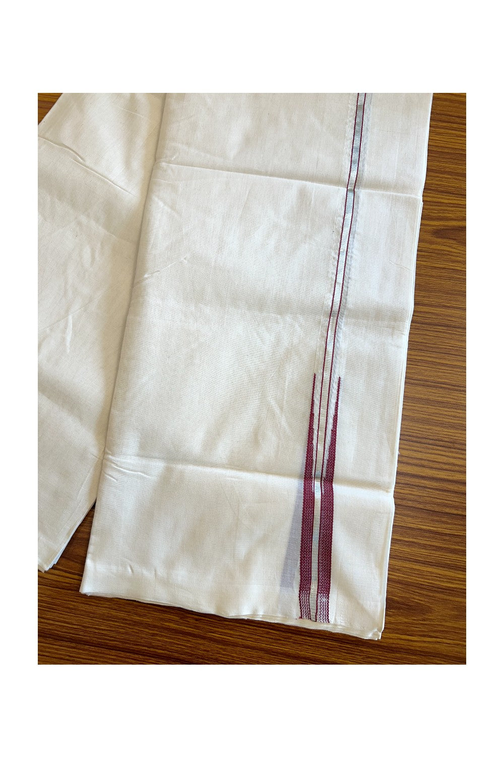 25% Discount!! KaithariKada Handloom Unakkupaavu Kerala - 100% Pure Cotton Off White (Unbleached) Double Mundu/Dhoti - Silver Kasav & Maroon puliyilakkara chutty-10KK403RAM