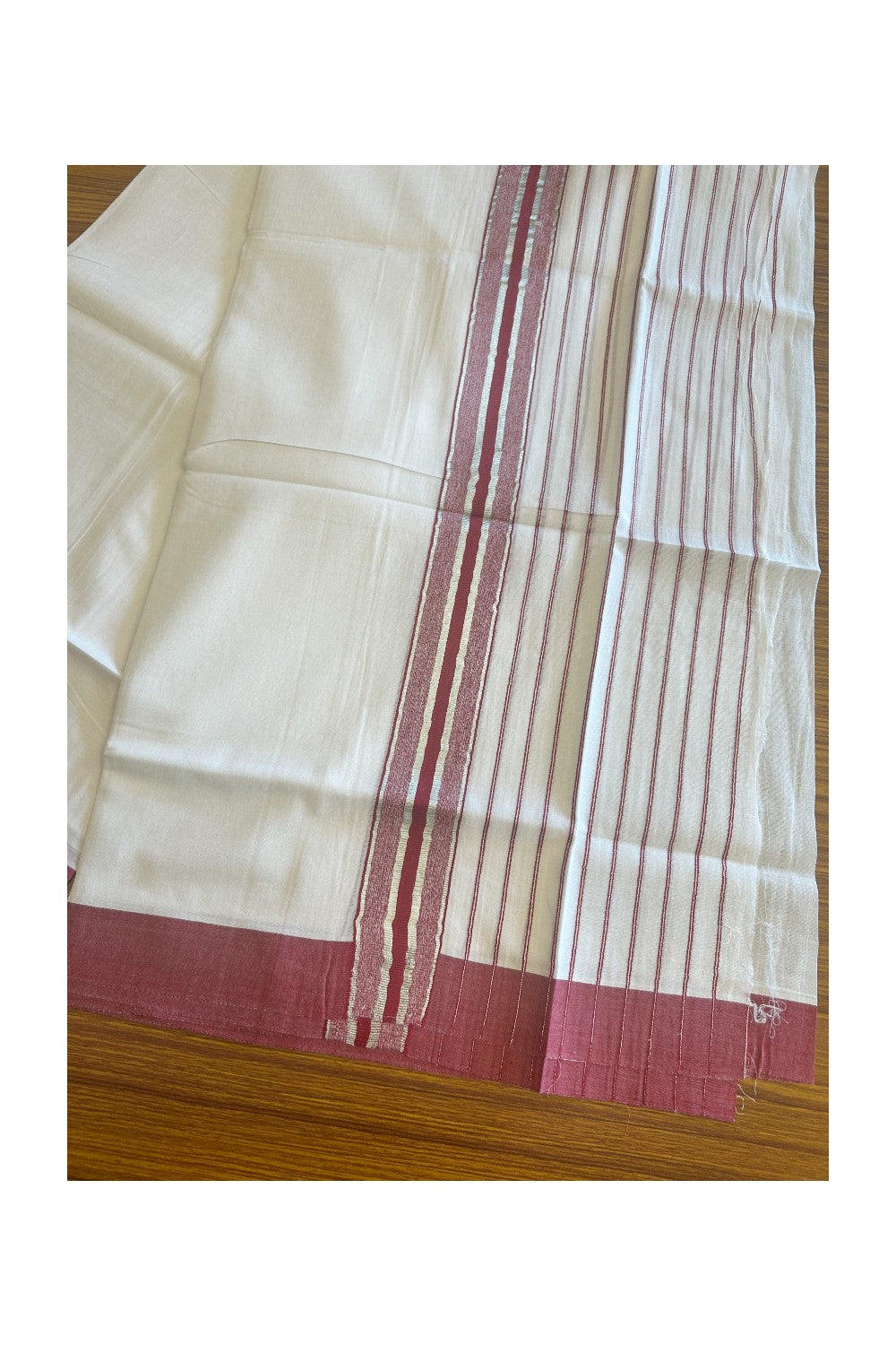 20% Discount !! KaithariKada Balaramapuram Double PURE WHITE Mundu/Dhoti- 100x80 - 7 inch Maroon & Silver Striped kara - 3.90 mtr - 6KK5112PMC