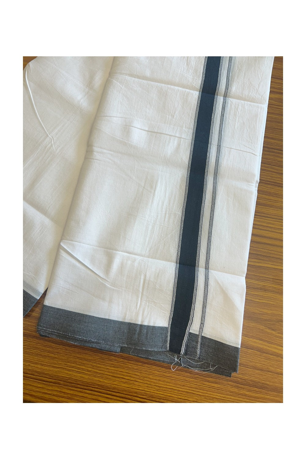 22% Discount ! KaithariKada Balaramapuram 100% Cotton Double PURE WHITE - Mundu/Dhoti- 100x100 - 1.75 inch BLACK Side Stripes Kara.- 5KK5127ASH