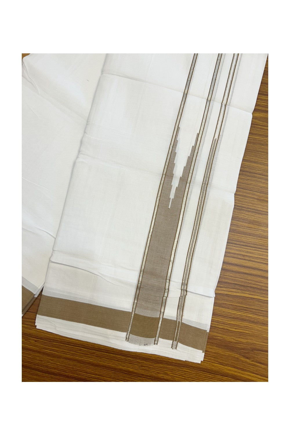 25% DISCOUNT! KaithariKada Balaramapuram 100% Mercerised Cotton Double ULTRA PURE white Mundu/Dhoti - 120x120 - 1.75 inch Heavy Chutty Silver Kasavu & Peanut Brown Shaded Kara - 6KK5139THI