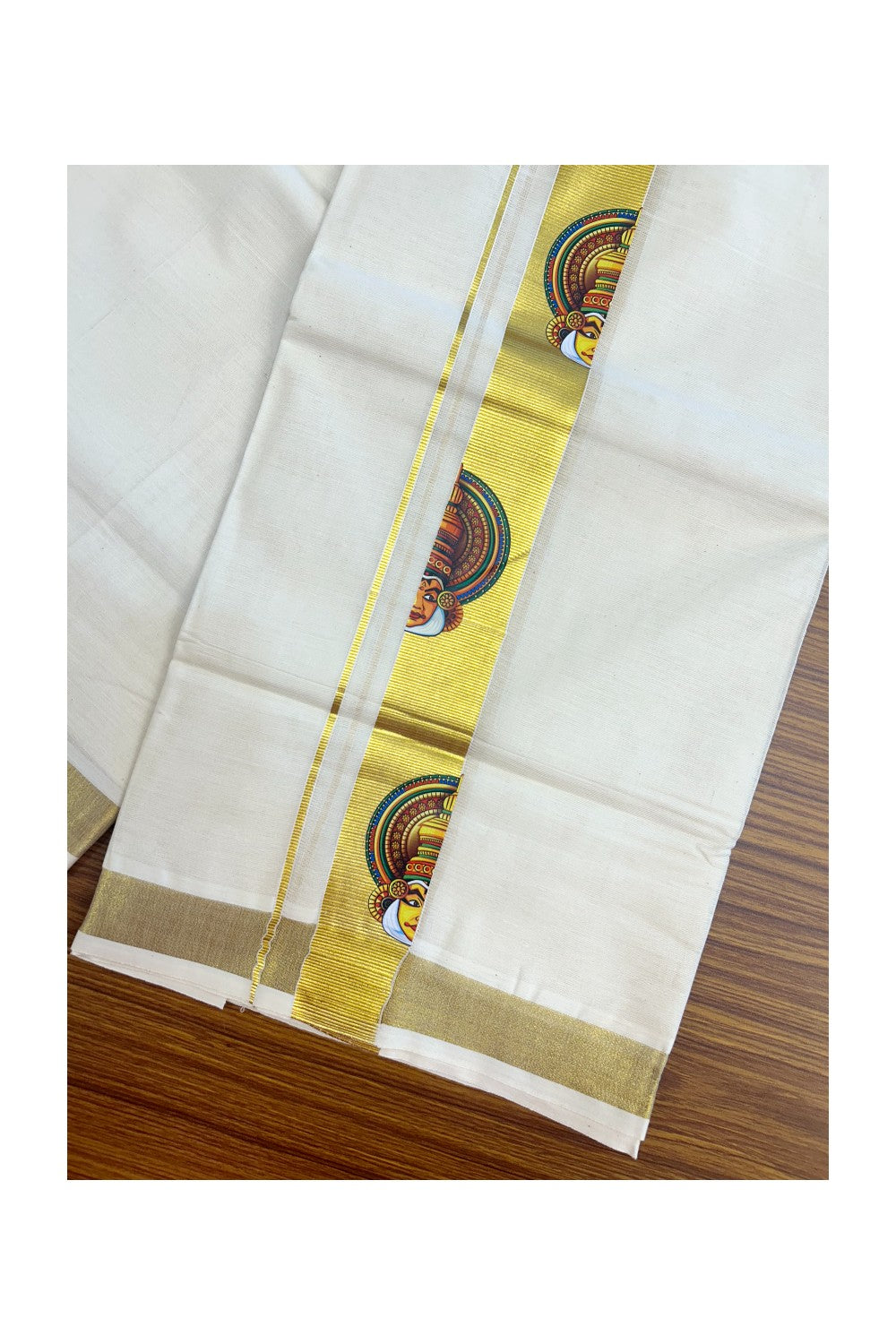 23% Discount!! KaithariKada Balaramapuram Mixed Cotton DOUBLE OFF WHITE - (Ubleached) Mundu/Dhoti - 80x72 - 1.25 inch Kasavu & Kathakali Printed Design Kara - 6KK5171GAN