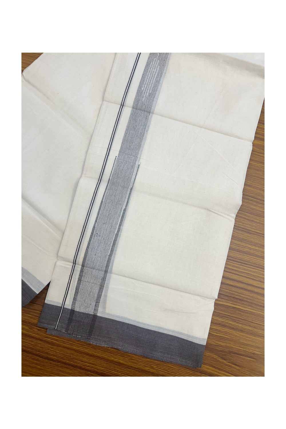 25% DISCOUNT! KaithariKada Balaramapuram Double OFF WHITE 100% Cotton Mundu/Dhoti - 100x80 - 1.25 inch Putta Design Dark brown shaded chutty kara - 6KK5174THI