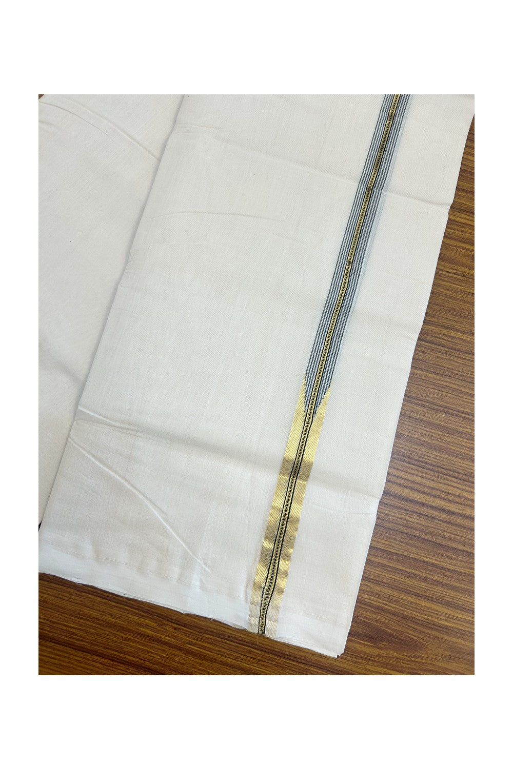 25% DISCOUNT!! KaithariKada HANDLOOM MILPAAV Balaramapuram - 100% PURE Cotton OFF White Double - (Unbleached) Mundu/Dothi - 100x100 - 2 cm Black striped Kasavu chutty Kara - 5KK5177RAM