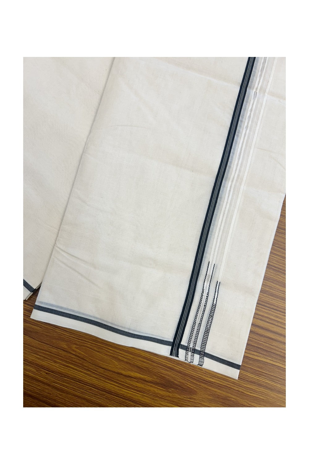 21% Discount! KaithariKada Balaramapuram 100% Cotton Off White - (Unbleached) - Double Mundu/Dhoti-100x100 - 1 cm Puliyilakkara Black & Silver Kasavu Striped Double Chutty Kara - 6KK5179ASH