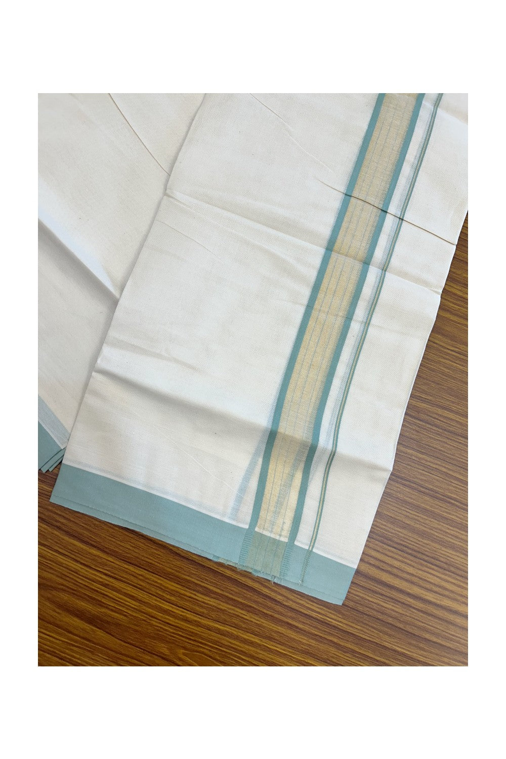 20% DISCOUNT! KaithariKada Balaramapuram Double OFF WHITE Mundu/Dhoti - 80x90 - 1.75 Inch Tissue Light Mint Green striped Kara - 6KK5182VAS