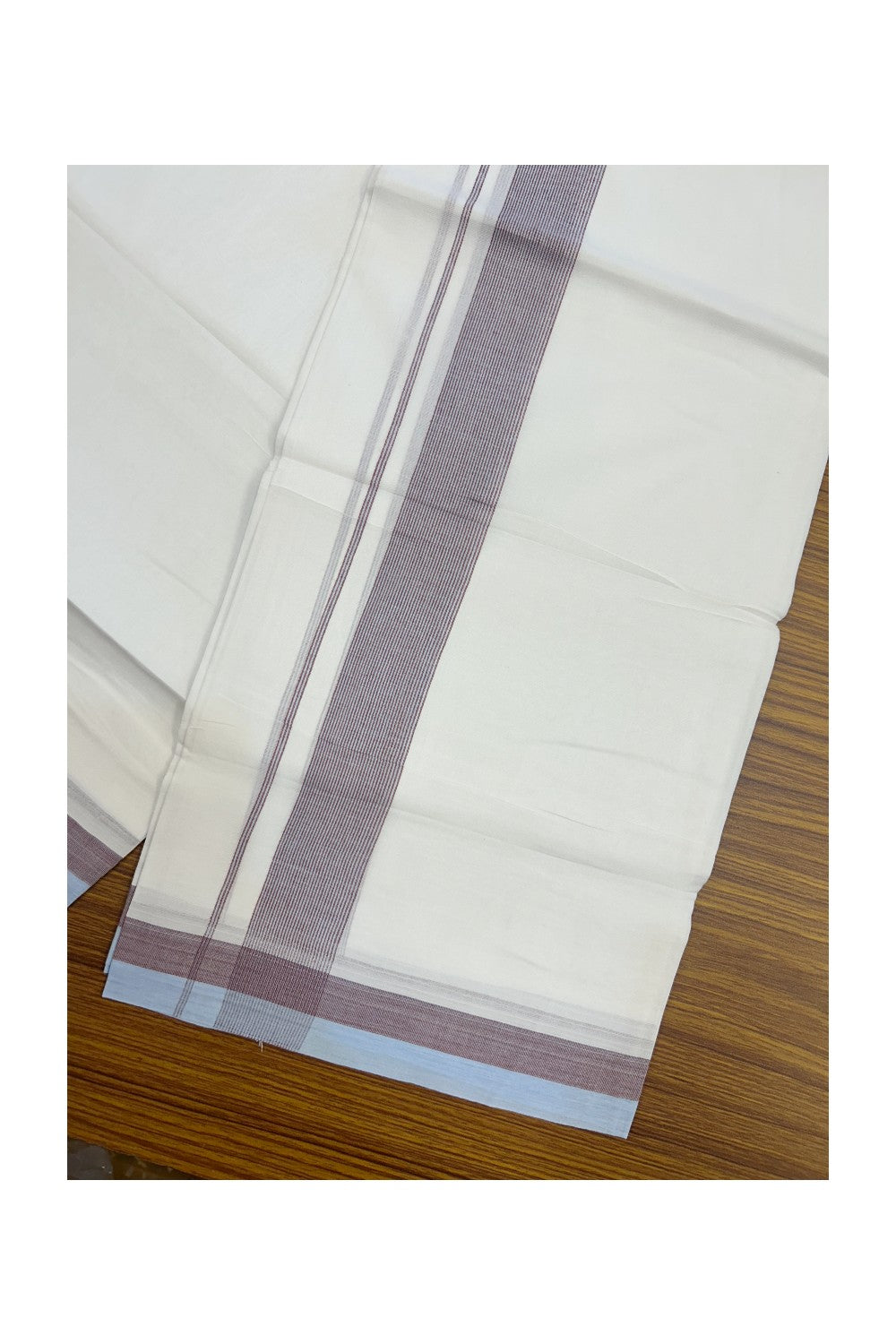 20% Discount ! Kaitharikada Balaramapuram 100% Cotton PURE WHITE Double Mundu/Dothi - 100x80 - 1.5 inch Sky Blue & Maroon Striped Kara - 6KK5183VIN