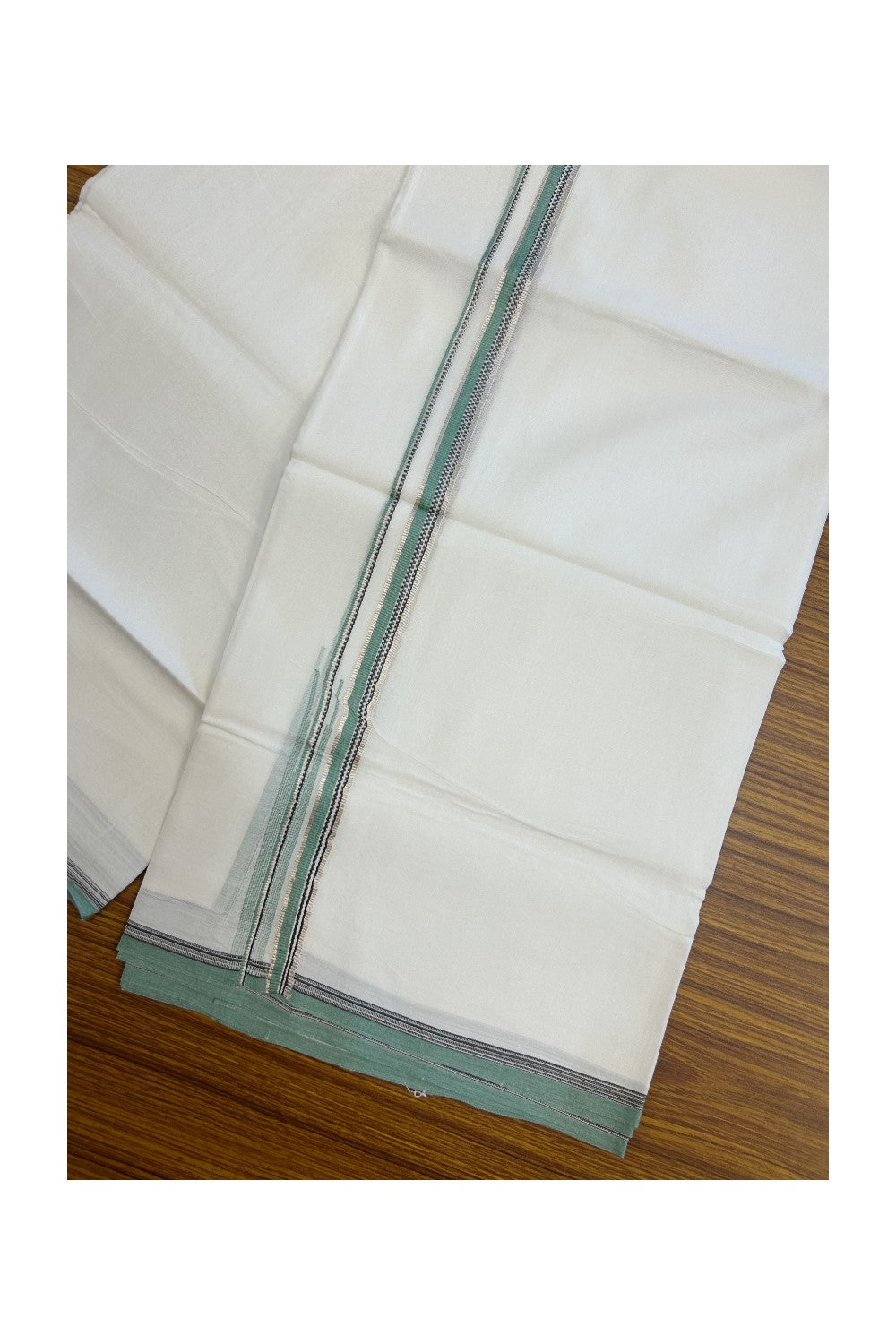 20% Discount !! Kaitharikada Balaramapuram 100% Cotton PURE WHITE DOUBLE Mundu/Dothi- 100X80 Thread - 0.5 inch - Silver Kasavu Black & Pista Green Design Chutty Kara - 6KK5184RAMS