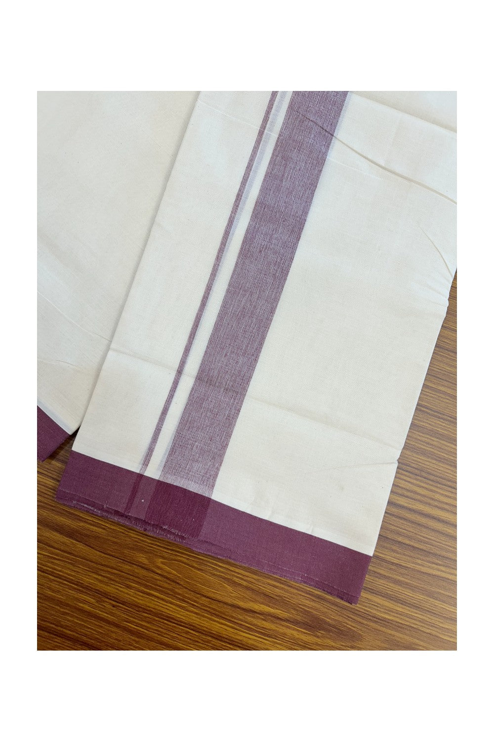 20% Discount ! Kaitharikada Balaramapuram 100% Cotton Double Off white (Unbleached) Mundu/Dhoti - 100x80 - 1.75 inch Grape Wine shaded Kara - 6KK5186CKS