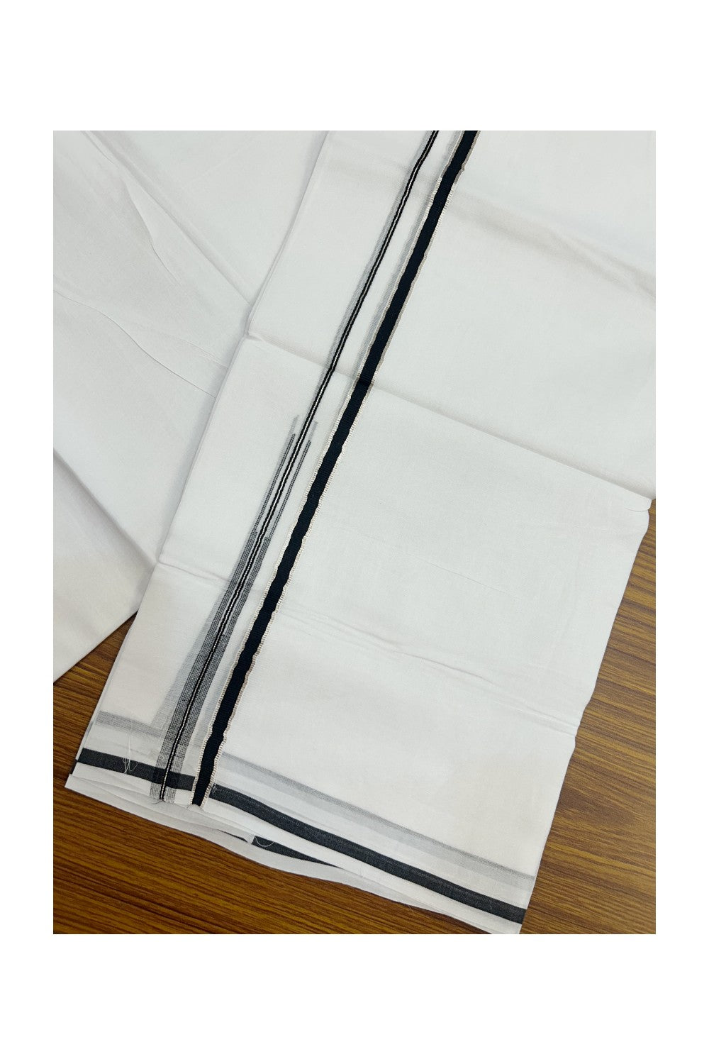20% Discount !! Kaitharikada Balaramapuram 100% Cotton PURE WHITE Double Mundu/Dothi - 100x80 - 0.25 inch Silver Kasavu & Black Chutty Kara - 6KK5191CKS