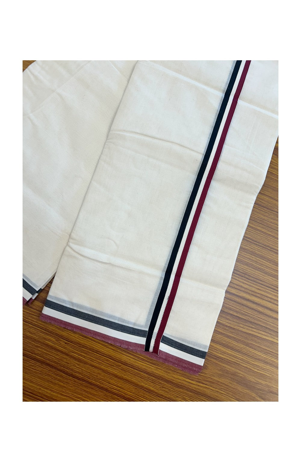 AIADMK VESHTI - 19% DISCOUNT! KaithariKada 100% Cotton off white Double - (Unbleached) Mundu/Dhoti - 100X100 - 0.75 inch Black White & Maroon kara 3.75m (8 muzham)- 6KK5187ASH
