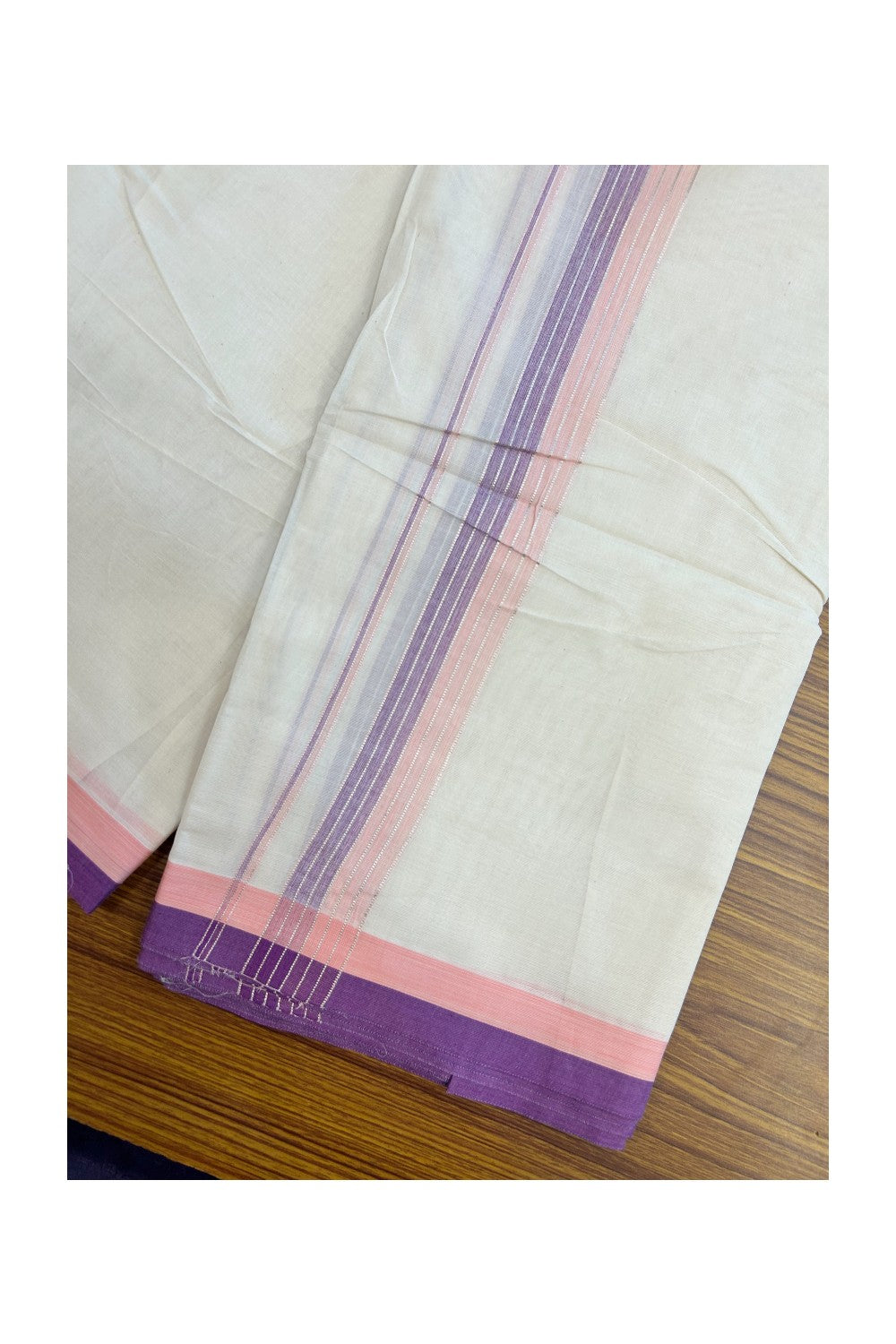 20% DISCOUNT! KaithariKada Cotton OFF White - 100x80 thread- NORTH INDIAN ATTACHED GAMCHA - 9X5 Dhoti - 1.5 inch Silver Kasavu Shaded Pink Peach & Violet Stripes Kara - 6KK5189PMC
