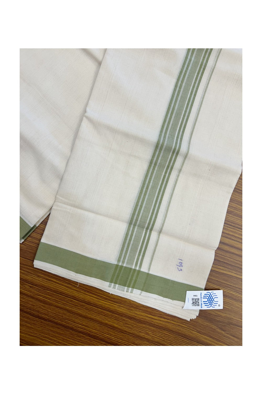 25% Discount KaithariKada HANDLOOM Unakkupaav Balaramapuram - 100% PURE Cotton off white (Unbleached) Double Mundu/Dhoti - 80X90 - 1.25 inch Light Green Stripes Kara 3.80 mtr - 6KK5192ELA