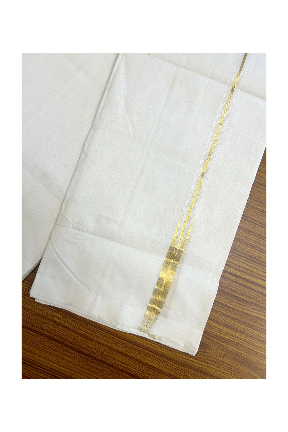 25% DISCOUNT!! KaithariKada HANDLOOM UNAKKUPAAV Balaramapuram - 100% PURE Cotton OFF White - (Unbleached) Double Mundu/Dothi - 120 (Twisted) x 100 - 0.75 inch Puliyilakkara Kasav Chutty - 6KK5195REA