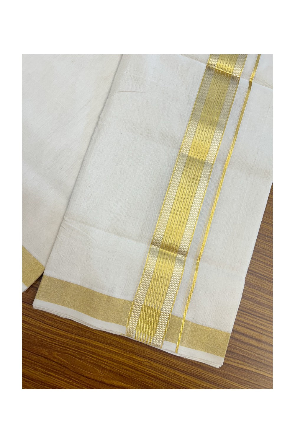 25% DISCOUNT ! KaithariKada HANDLOOM UNAKKUPAAV Balaramapuram - 100% PURE Cotton Off White - (Unbleached) Double Mundu/Dhoti - 2 inch Gold Kasavu & Silver Kasavu Striped Design Kara - 6KK5208ABH