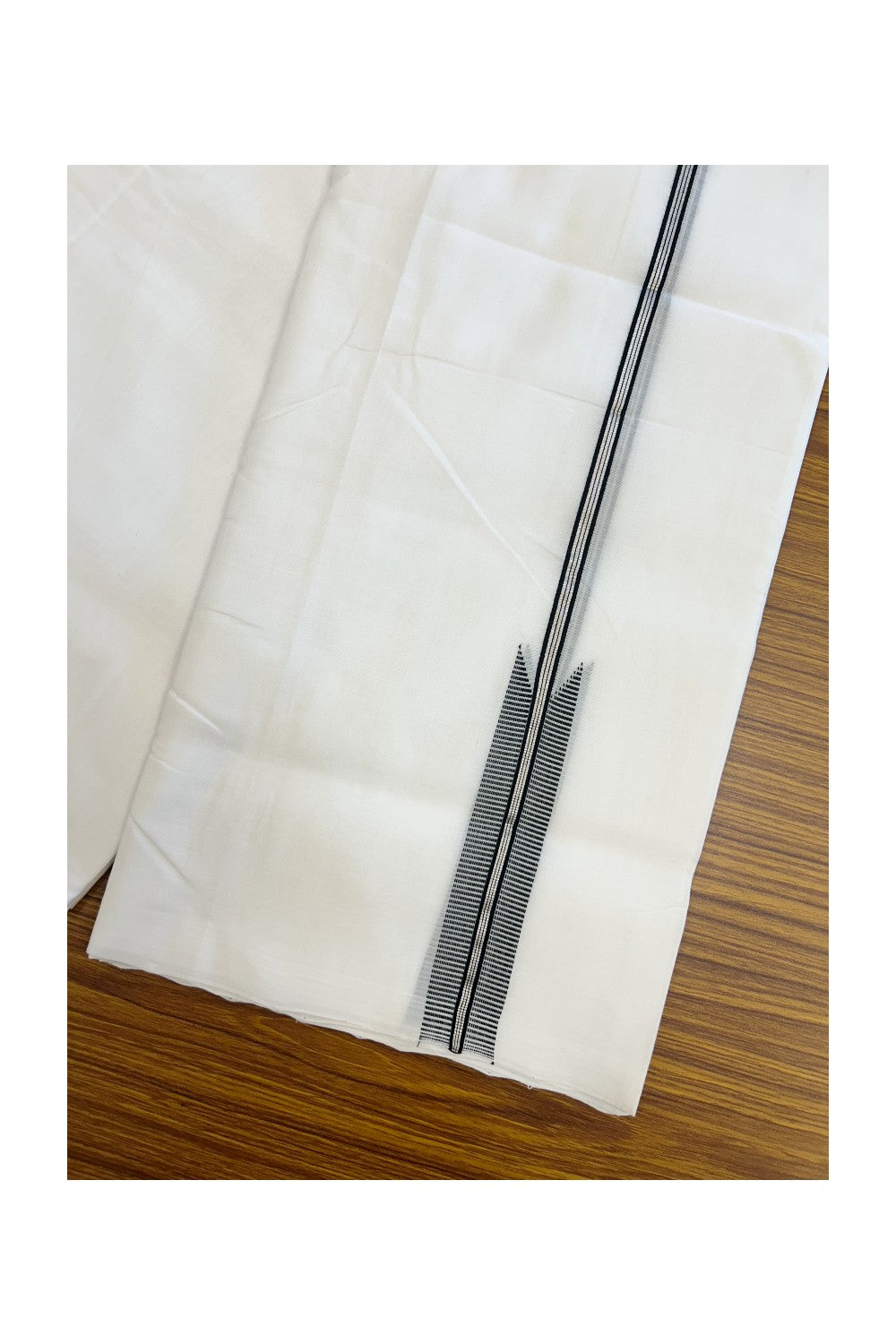 25% Discount!! NEW ULTRA PURE WHITE HANDLOOM Balaramapuram - 100% Mercerised Cotton Double Mundu/Dhoti - 120 twisted warp x 80s weft - 1.25 inch Puliyilakkara Silver Kasavu & Black Striped Chutty Kara- 6KK5209 REA