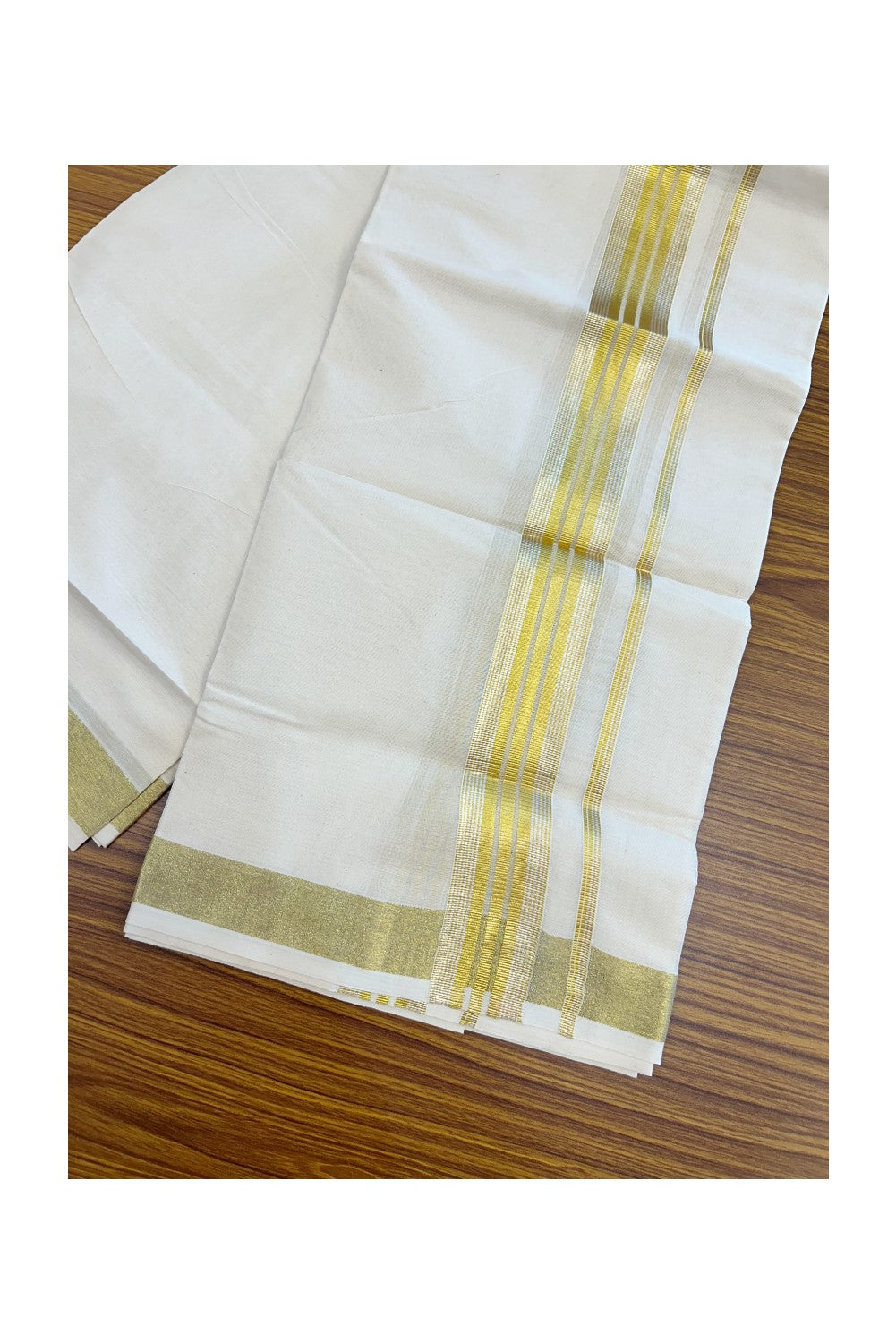 20% DISCOUNT ! KaithariKada Balaramapuram - 100% PURE Cotton Off White - (Unbleached) Double Mundu/Dhoti - 100X80 - 1.75 inch Gold Kasavu & Silver Kasavu Striped Kara - 6KK5212 VIN