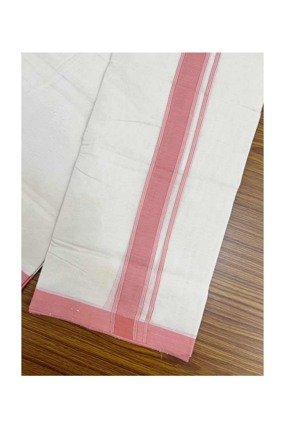 NEW !! 20% DISCOUNT!! KaithariKada Balaramapuram 100% Cotton Double Off white - (Unbleached) Mundu/Dhoti-100x80 - 1.5 inch Rose Pink Shaded Striped KARA - 3.75 mtr (8 Muzham) - 6KK5218 ASH