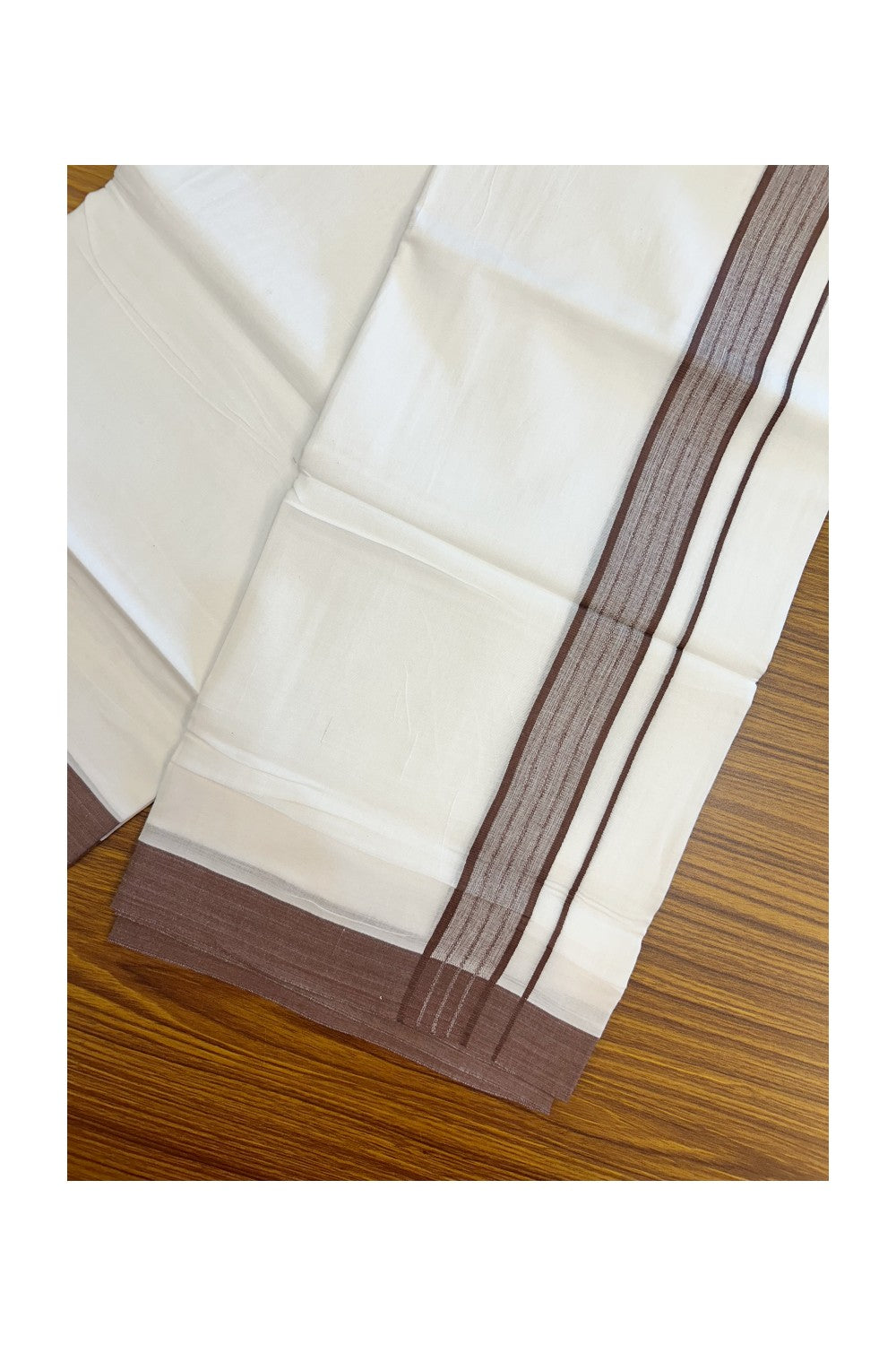 20% DISCOUNT!!! KaithariKada Balaramapuram 100% Cotton DOUBLE PURE WHITE Mundu/Dhoti - 100X80 - 1.75 Inch Deep Brown Shaded Stripes kara 3.75 mtr (8 muzham) - 6KK5220 THI