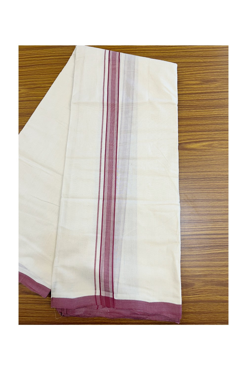 PREMIUM HANDLOOM-20% DISCOUNT! KaithariKada Cotton OFF White - 100x80 thread- NORTH INDIAN ATTACHED GAMCHA - 9X5 & 10X6 muzham Dhoti - 1.5 inch Pink Maroon Border - 6KK5223VEL