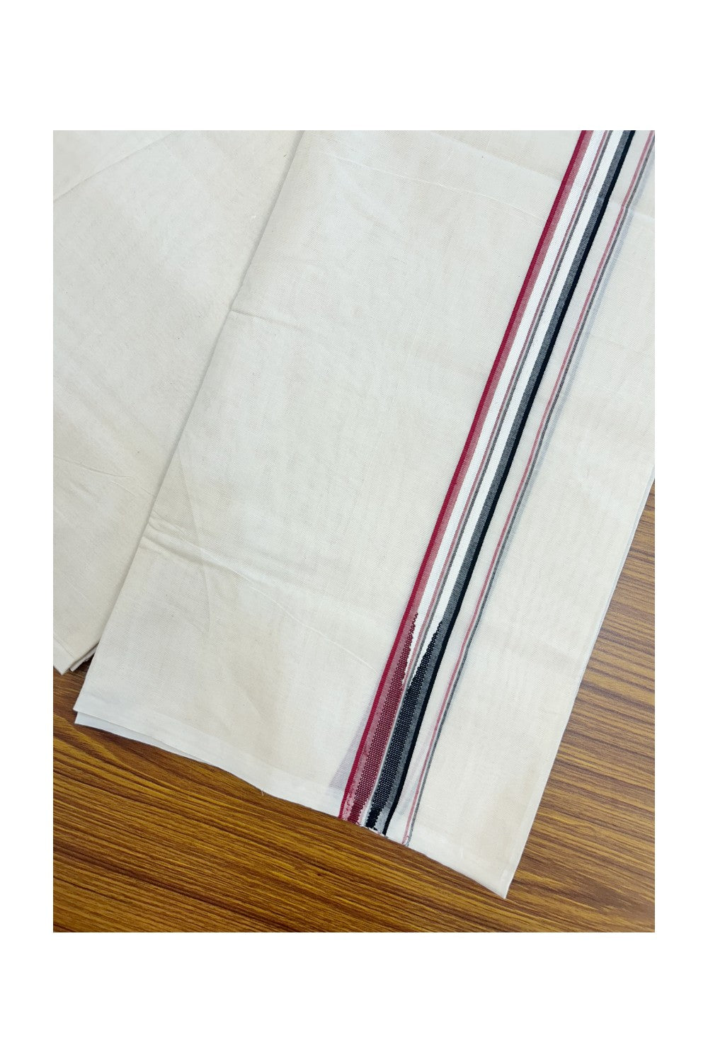 ADMK VESHTI 20% Discount !! KaithariKada Balaramapuram Double Off white - (Unbleached) Mundu/Dhoti - 100X100 - 1 inch Puliyilakkara Maroon & Black Striped Chutty Kara- 6KK5226 ASH
