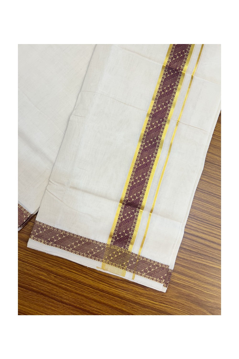 25% DISCOUNT ! KaithariKada HANDLOOM Unakkupaav Balaramapuram - 100% PURE Cotton OFF WHITE - (Unbleached) Double Mundu/Dhoti - 80x90 - 1.75 inch Gold Kasavu & Wine Purple Jacquard Design Kara 4 mtr (8.5 Muzham) - 5KK5231 ABH